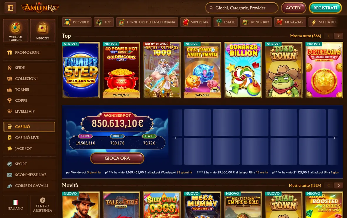 Lobby dei giochi di AmunRa, schermata del 2 settembre 2026.